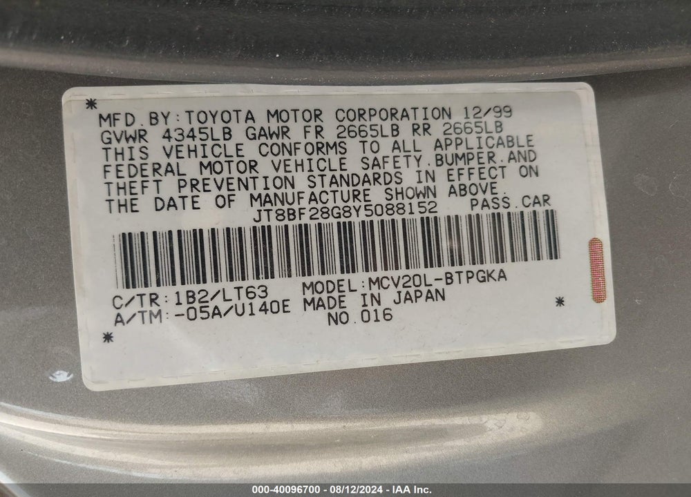 2000 LEXUS ES 300 VIN: JT8BF28G8Y5088152