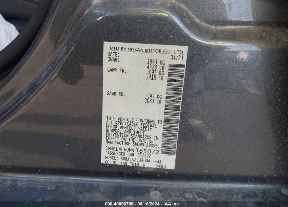 2021 NISSAN ALTIMA SR FWD VIN: 1N4BL4CV0MN385072