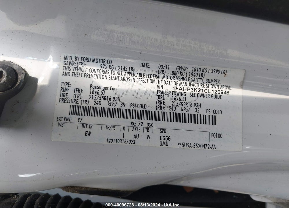 2012 FORD FOCUS SE VIN: 1FAHP3K21CL120946