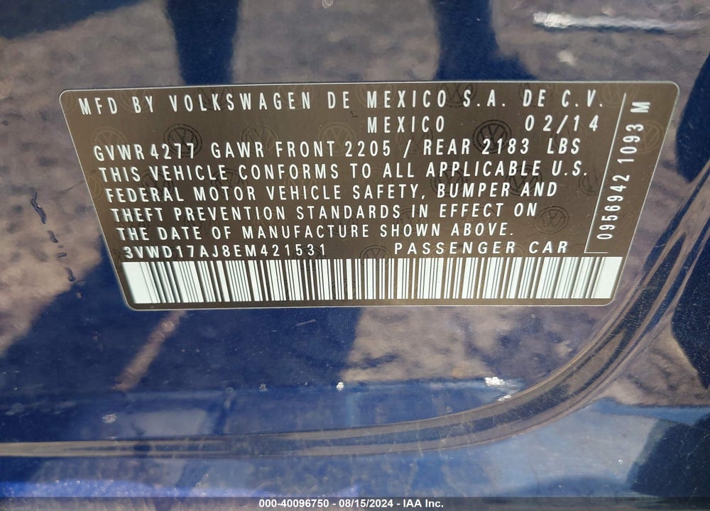 2014 VOLKSWAGEN JETTA 1.8T SE VIN: 3VWD17AJ8EM421531