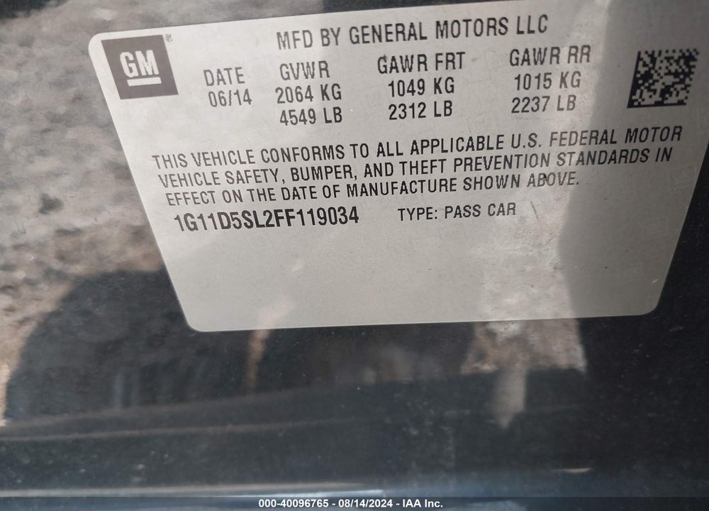 2015 CHEVROLET MALIBU 2LT VIN: 1G11D5SL2FF119034