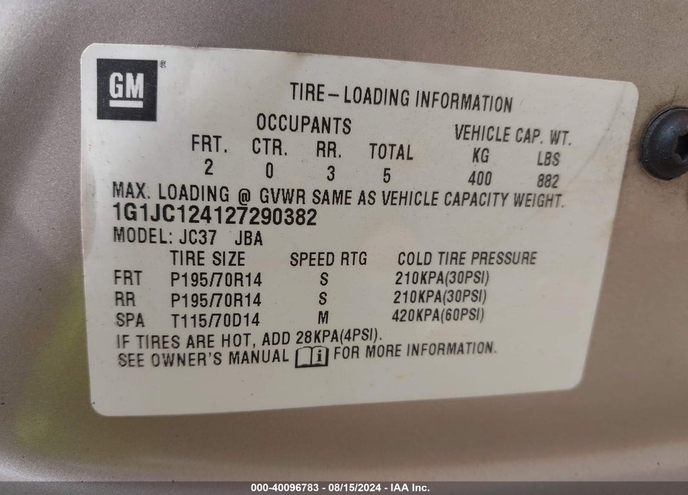 2002 CHEVROLET CAVALIER VIN: 1G1JC124127290382