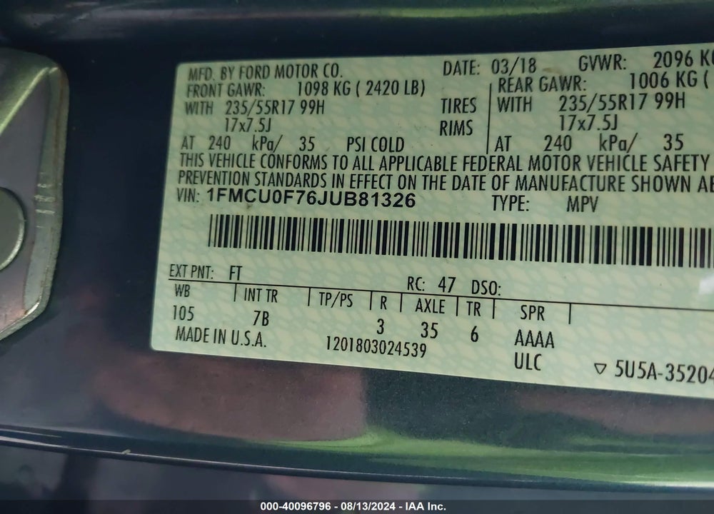 2018 FORD ESCAPE S VIN: 1FMCU0F76JUB81326