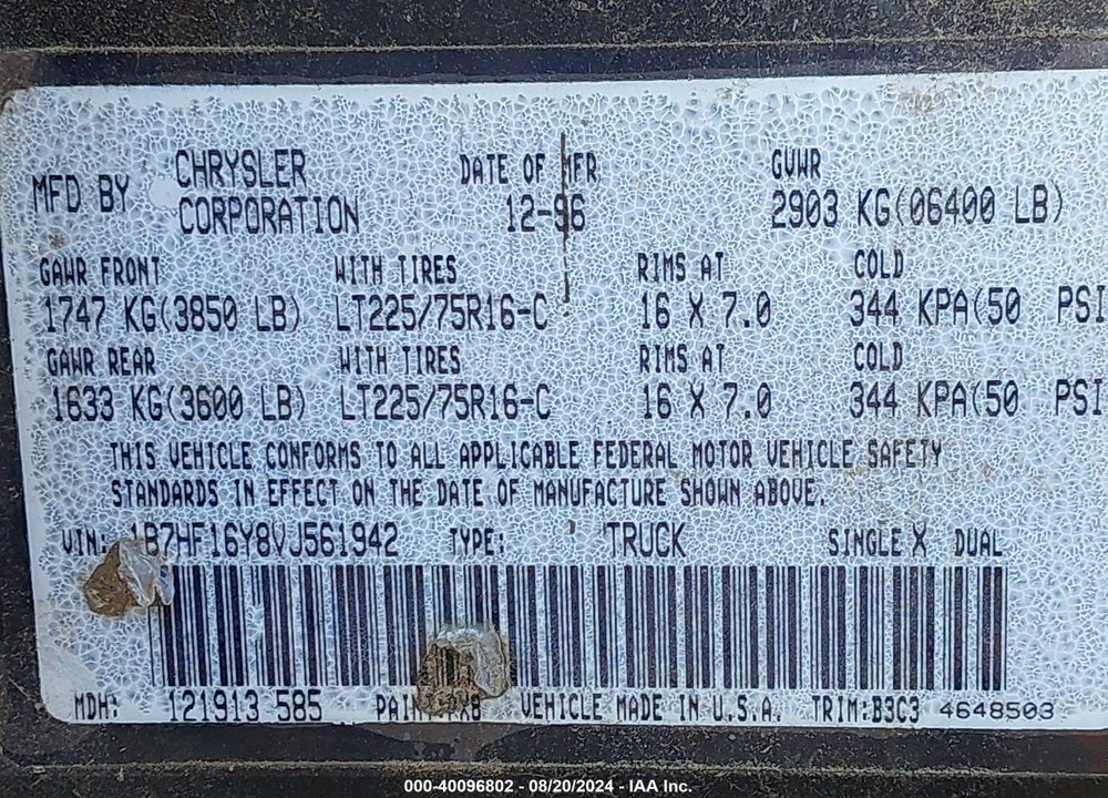 1997 DODGE RAM 1500 LT VIN: 1B7HF16Y8VJ561942
