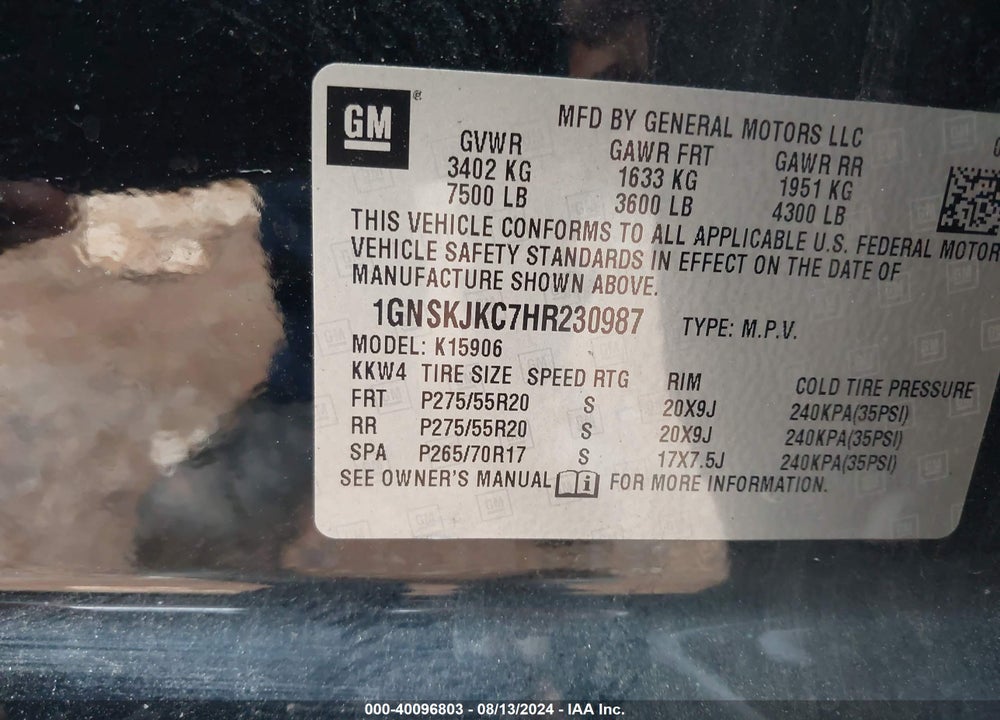 2017 CHEVROLET SUBURBAN PREMIER VIN: 1GNSKJKC7HR230987