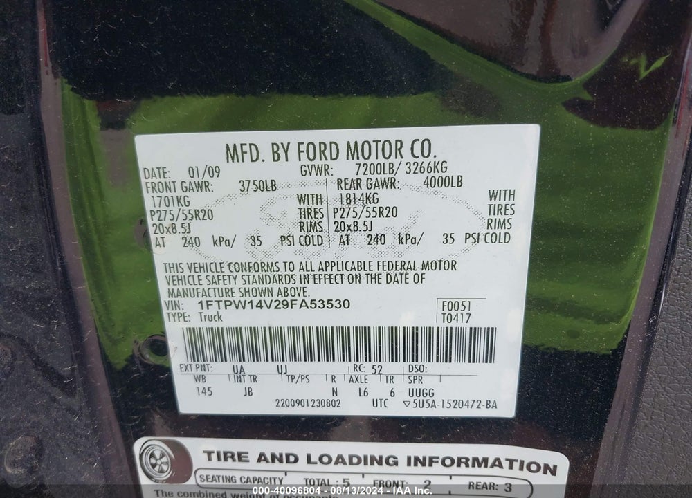 2009 FORD F-150 VIN: 1FTPW14V29FA53530