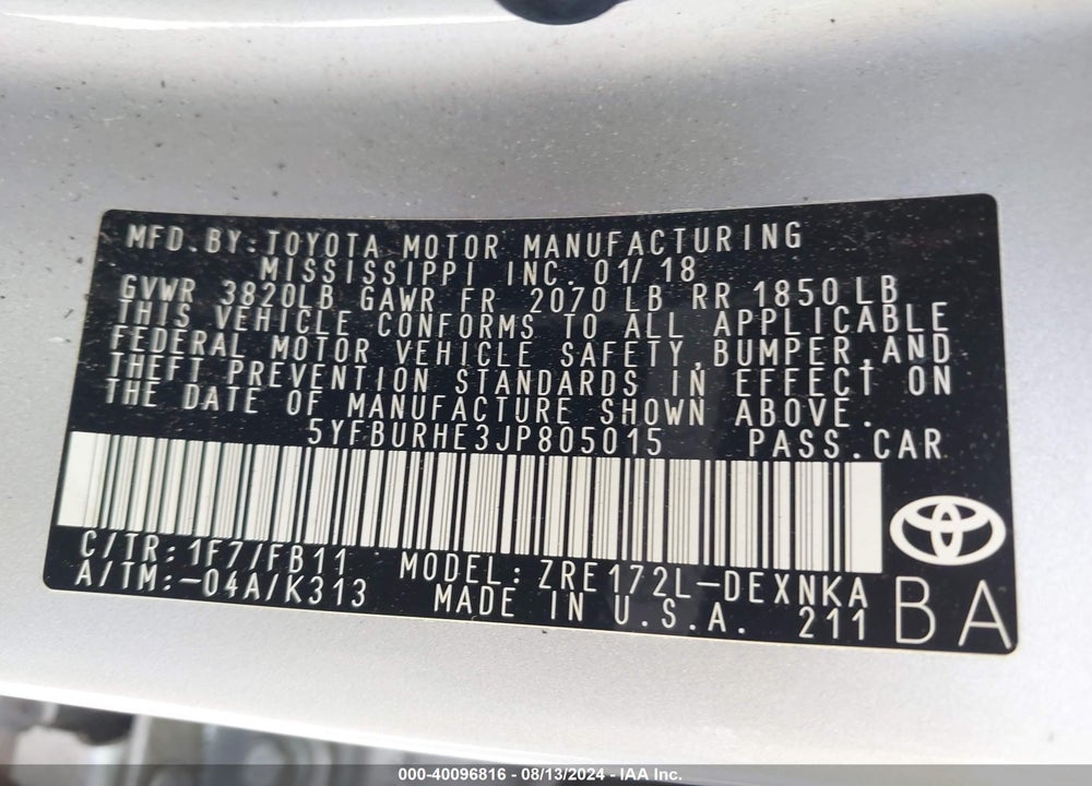 2018 TOYOTA COROLLA LE VIN: 5YFBURHE3JP805015