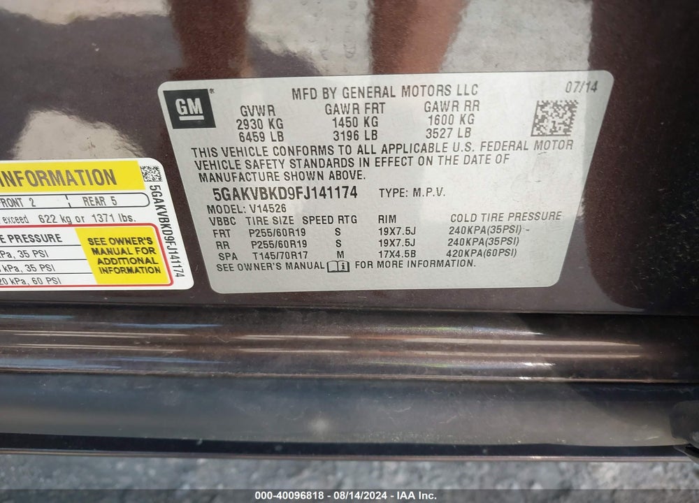 2015 BUICK ENCLAVE LEATHER VIN: 5GAKVBKD9FJ141174