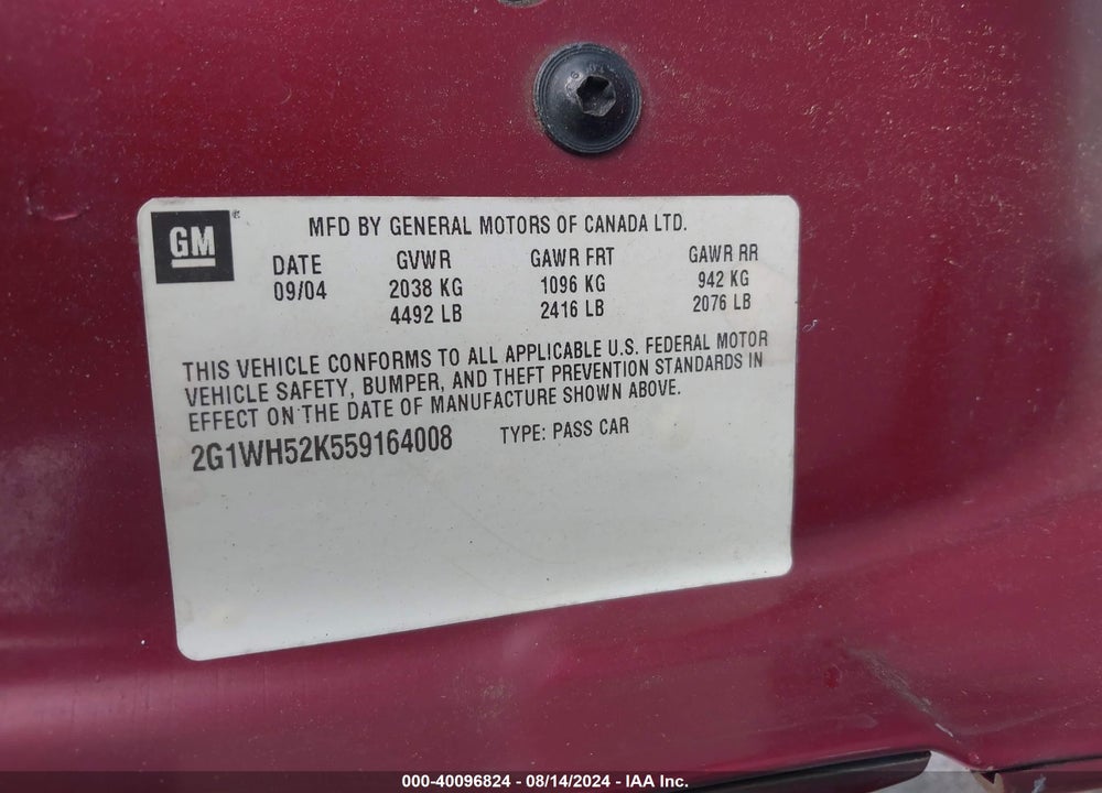 2005 CHEVROLET IMPALA LS VIN: 2G1WH52K559164008