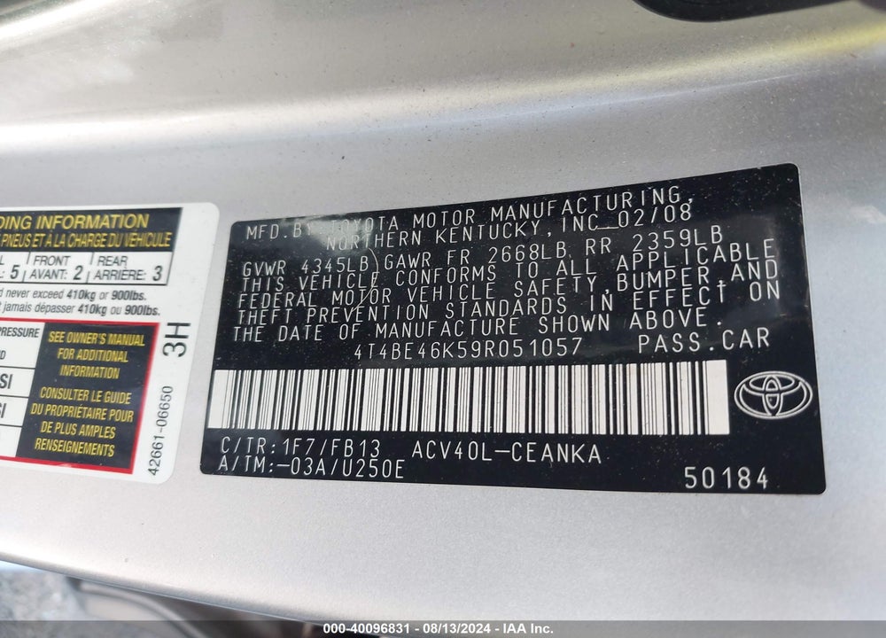 2009 TOYOTA CAMRY LE VIN: 4T4BE46K59R051057