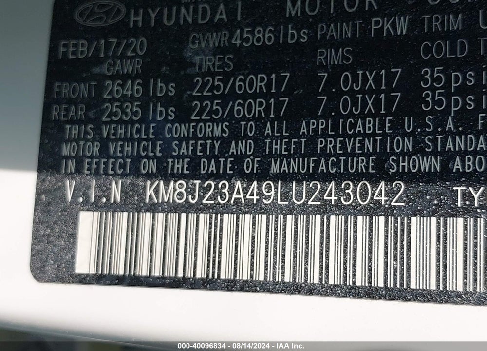 2020 HYUNDAI TUCSON SE VIN: KM8J23A49LU243042