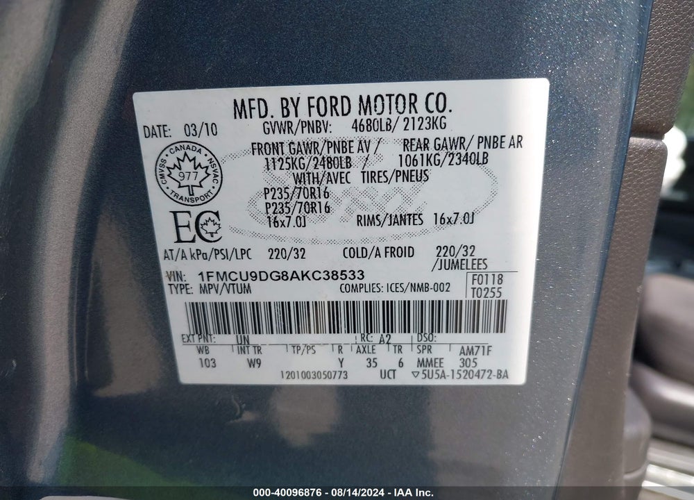 2010 FORD ESCAPE XLT VIN: 1FMCU9DG8AKC38533