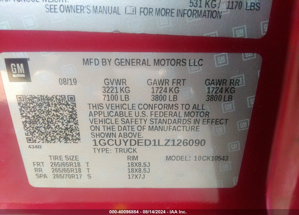 2020 CHEVROLET SILVERADO 1500 4WD SHORT BED LT VIN: 1GCUYDED1LZ126090