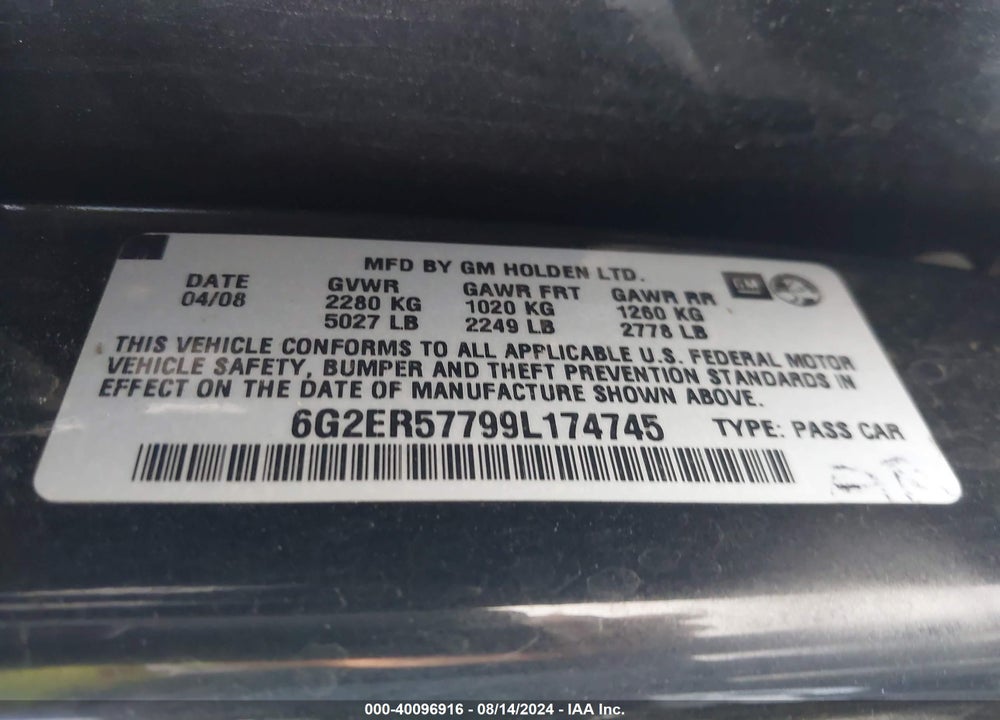 2009 PONTIAC G8 VIN: 6G2ER57799L174745