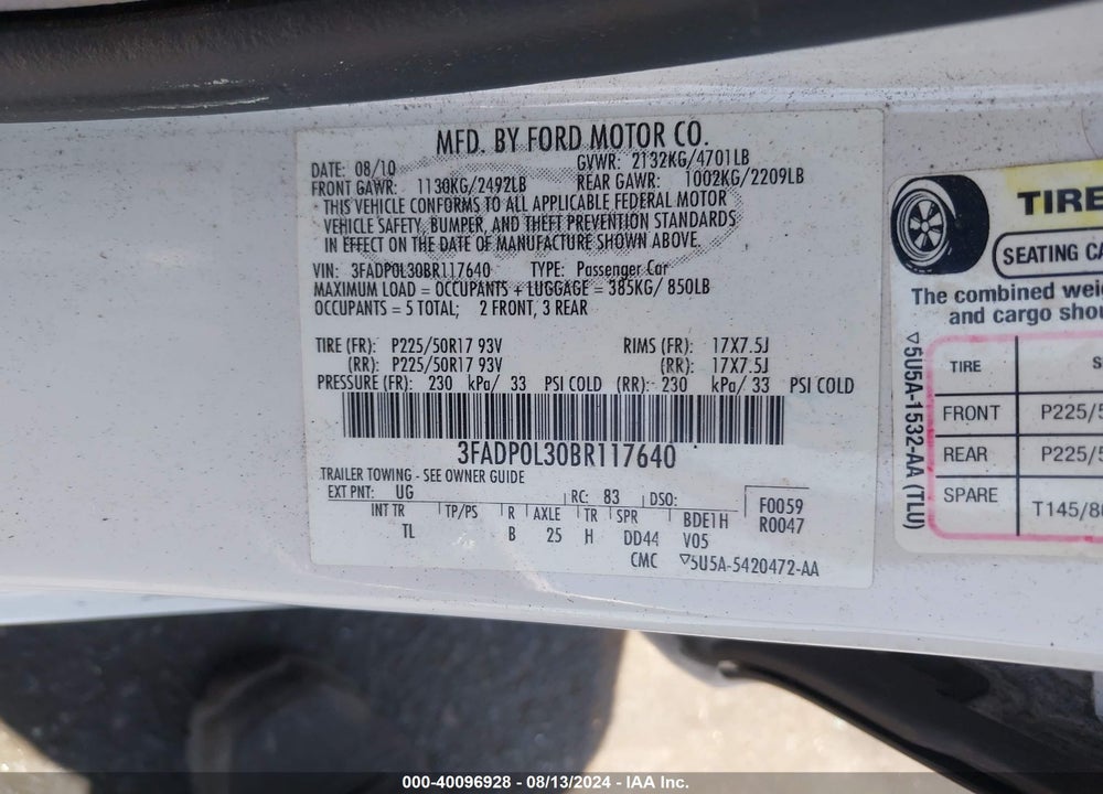 2011 FORD FUSION HYBRID VIN: 3FADP0L30BR117640