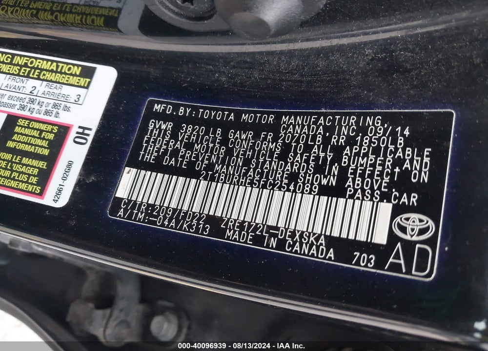 2015 TOYOTA COROLLA S PLUS VIN: 2T1BURHE5FC254089