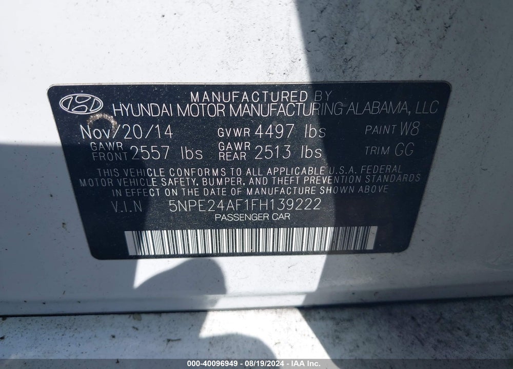 2015 HYUNDAI SONATA SE VIN: 5NPE24AF1FH139222