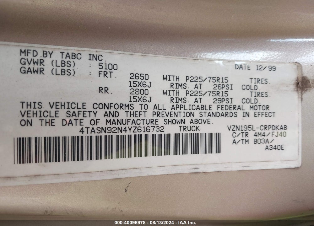 2000 TOYOTA TACOMA PRERUNNER V6 VIN: 4TASN92N4YZ616732