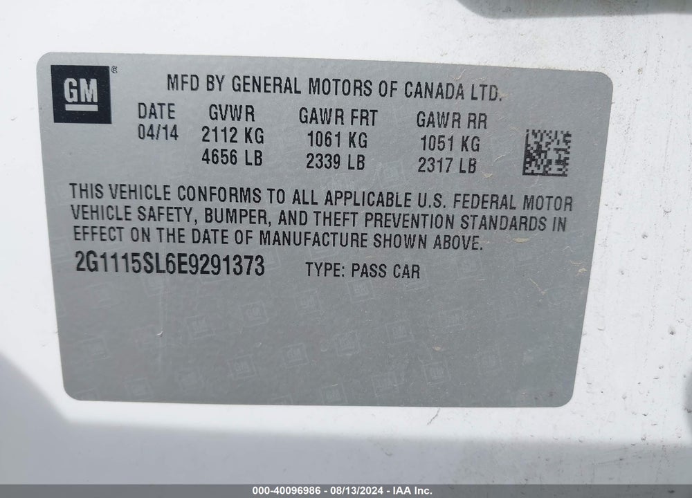2014 CHEVROLET IMPALA 1LT VIN: 2G1115SL6E9291373