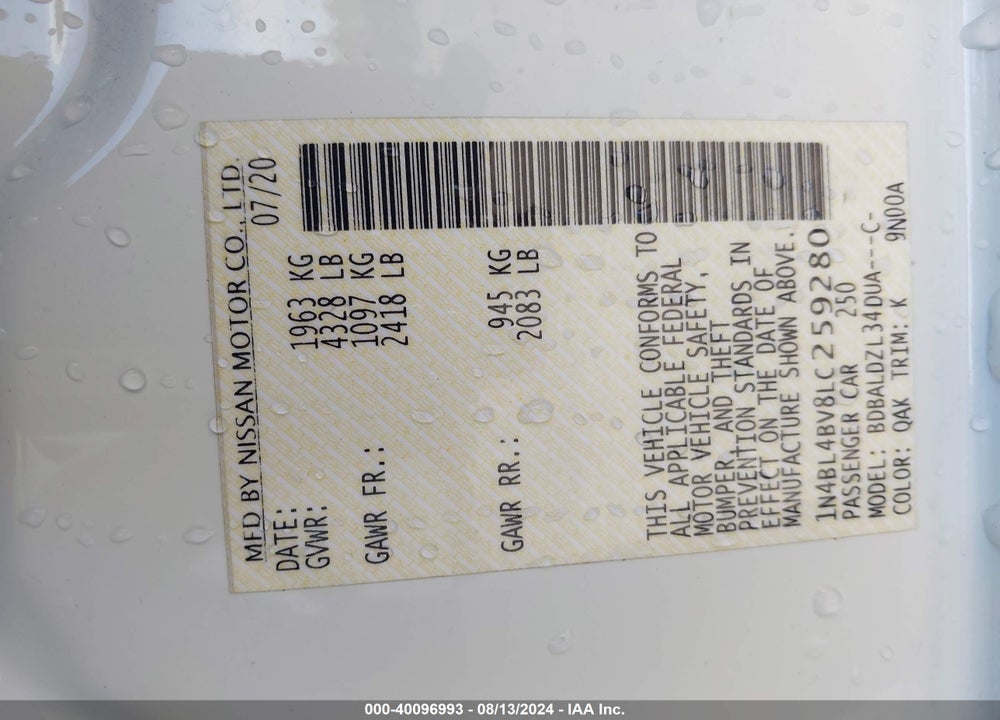 2020 NISSAN ALTIMA S FWD VIN: 1N4BL4BV8LC259280