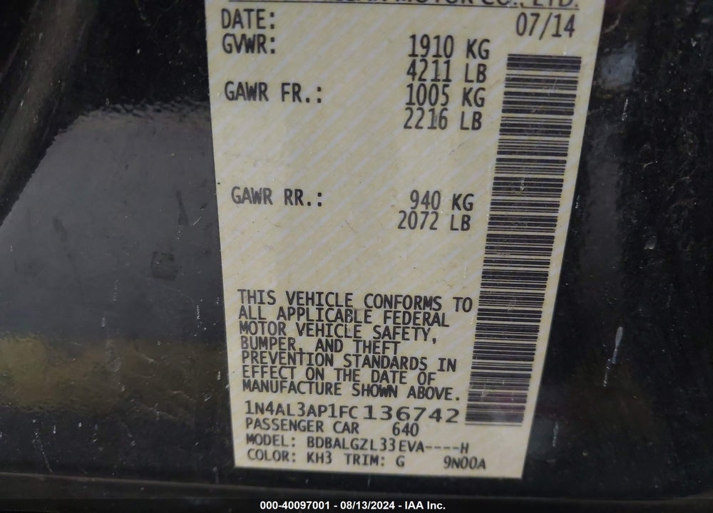 2015 NISSAN ALTIMA 2.5 S VIN: 1N4AL3AP1FC136742