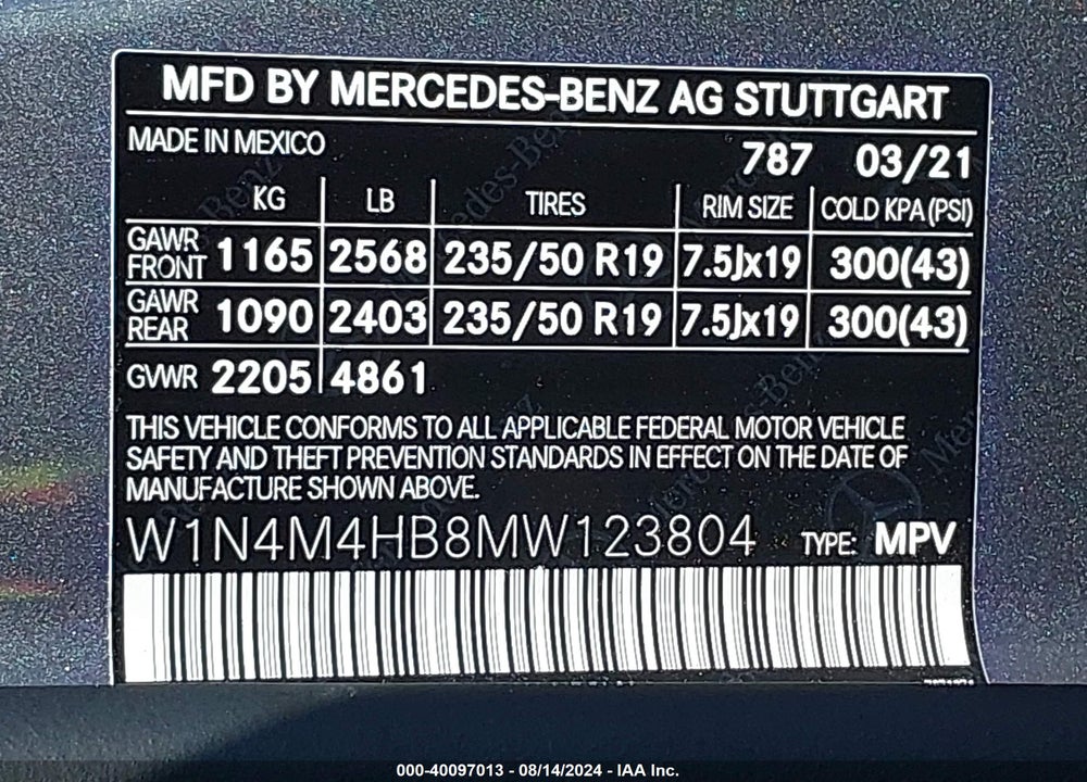 2021 MERCEDES-BENZ GLB 250 4MATIC VIN: W1N4M4HB8MW123804
