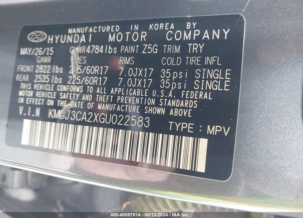 2016 HYUNDAI TUCSON ECO VIN: KM8J3CA2XGU022583