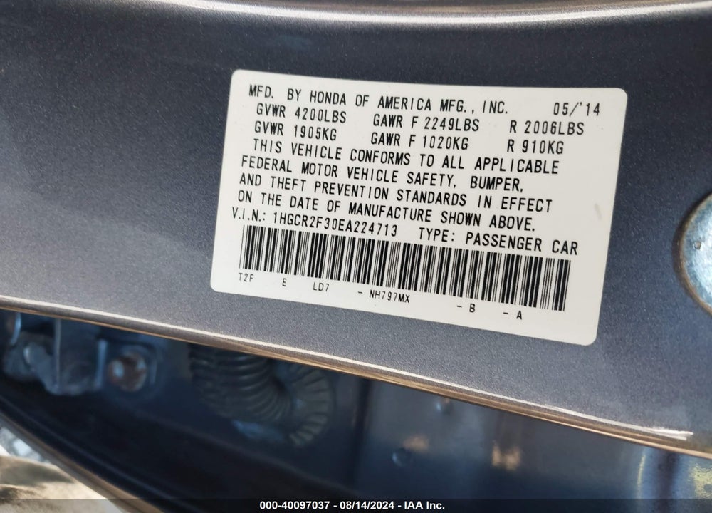2014 HONDA ACCORD LX VIN: 1HGCR2F30EA224713