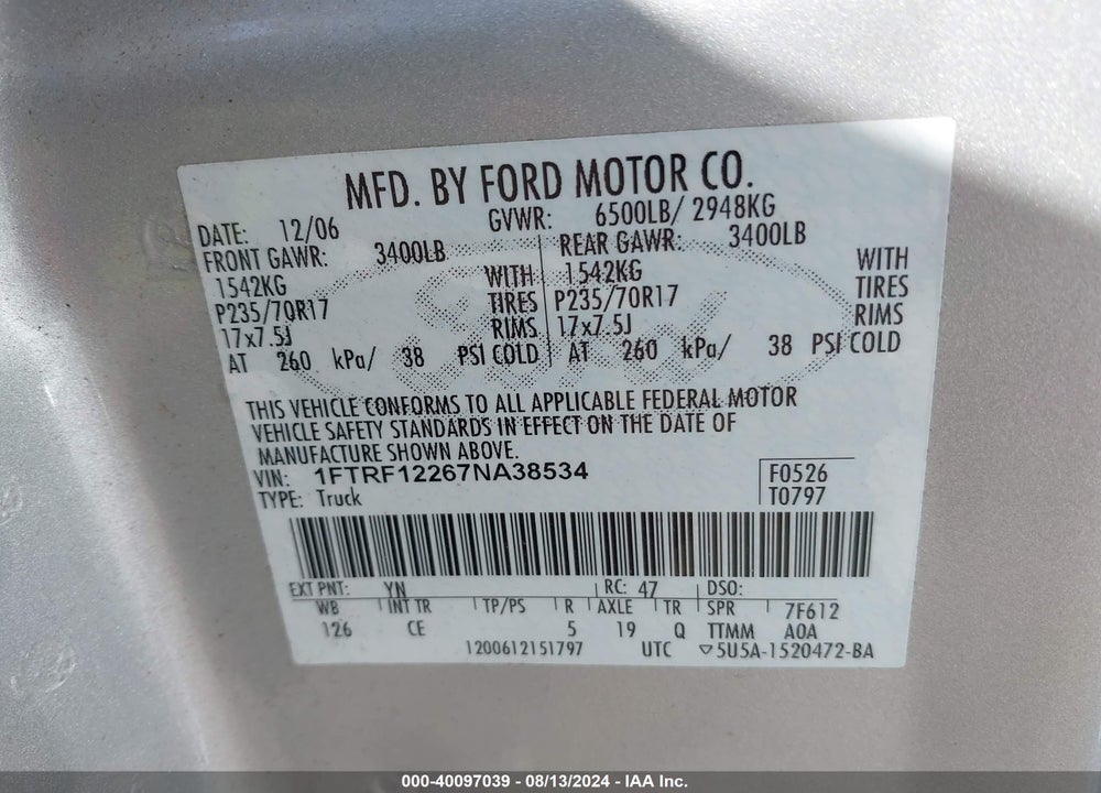 2007 FORD F-150 STX/XL/XLT VIN: 1FTRF12267NA38534