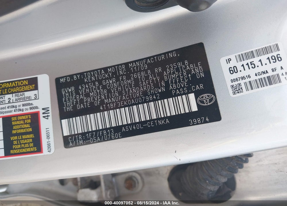 2010 TOYOTA CAMRY LE VIN: 4T1BF3EK0AU079842
