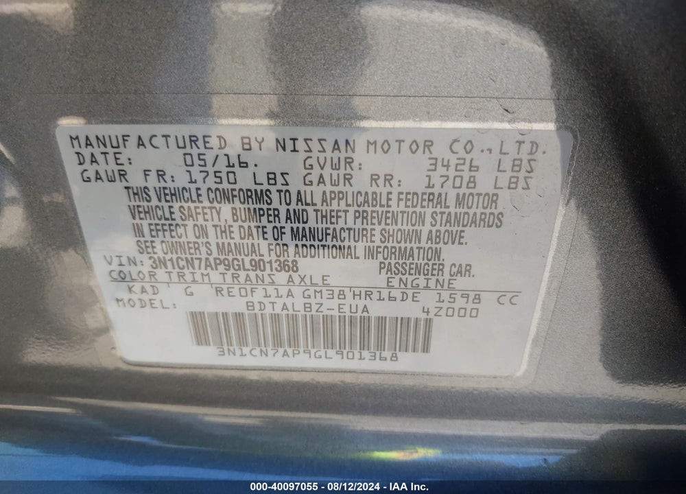 2016 NISSAN VERSA 1.6 SV VIN: 3N1CN7AP9GL901368
