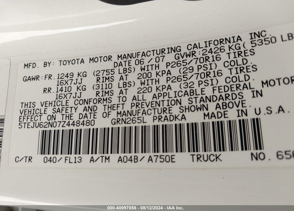 2007 TOYOTA TACOMA PRERUNNER V6 VIN: 5TEJU62N07Z448480