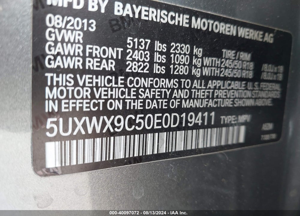 2014 BMW X3 XDRIVE28I VIN: 5UXWX9C50E0D19411