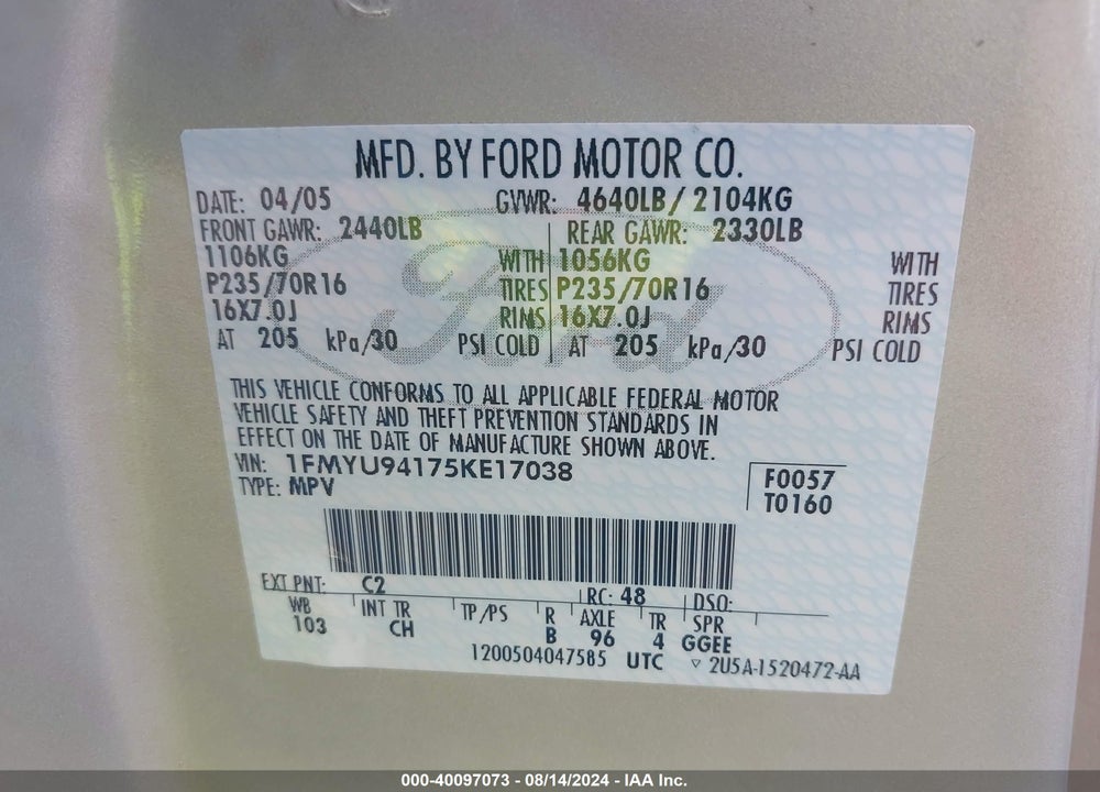 2005 FORD ESCAPE LIMITED VIN: 1FMYU94175KE17038