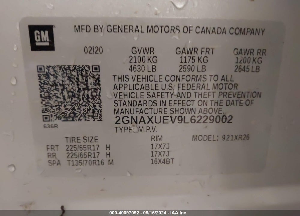2020 CHEVROLET EQUINOX AWD LT 1.5L TURBO VIN: 2GNAXUEV9L6229002