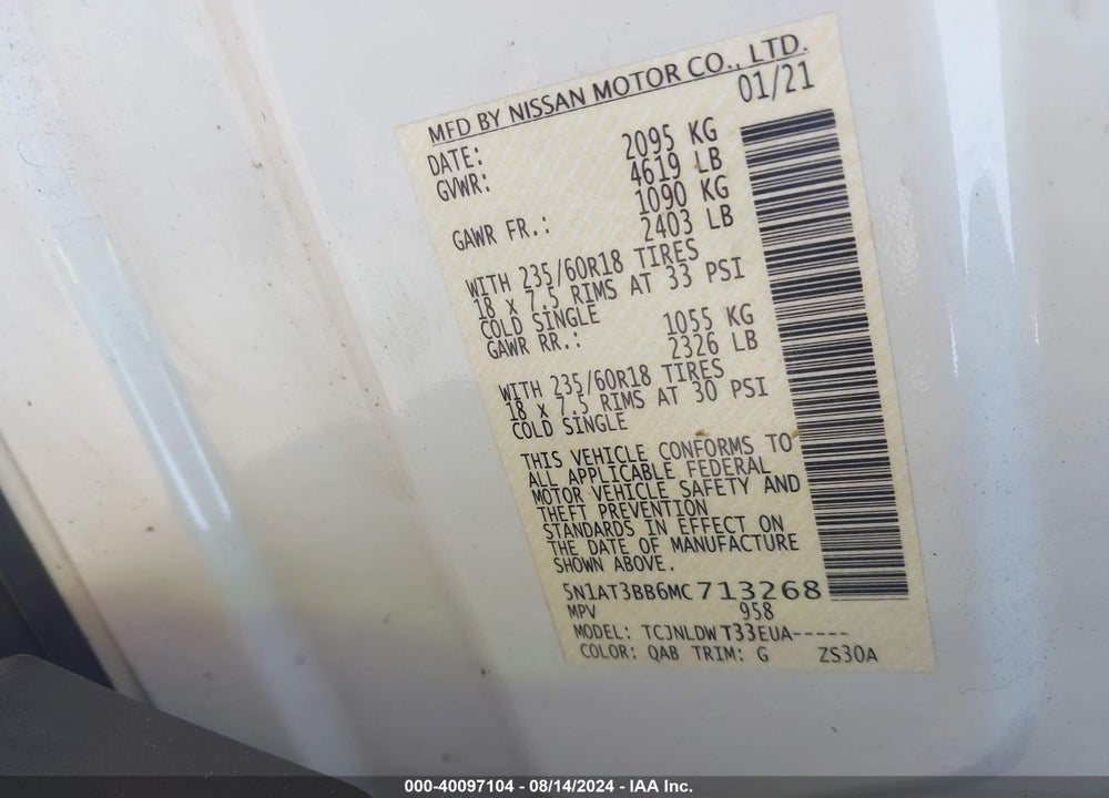 2021 NISSAN ROGUE SV INTELLIGENT AWD VIN: 5N1AT3BB6MC713268