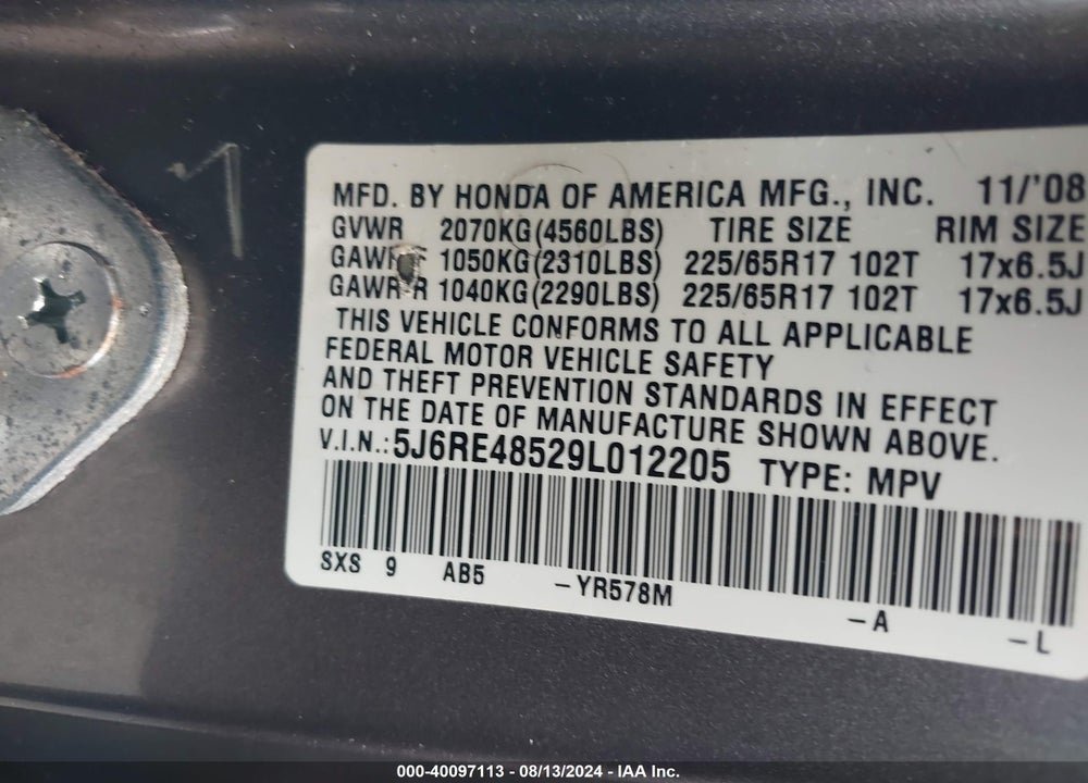 2009 HONDA CR-V VIN: 5J6RE48529L012205