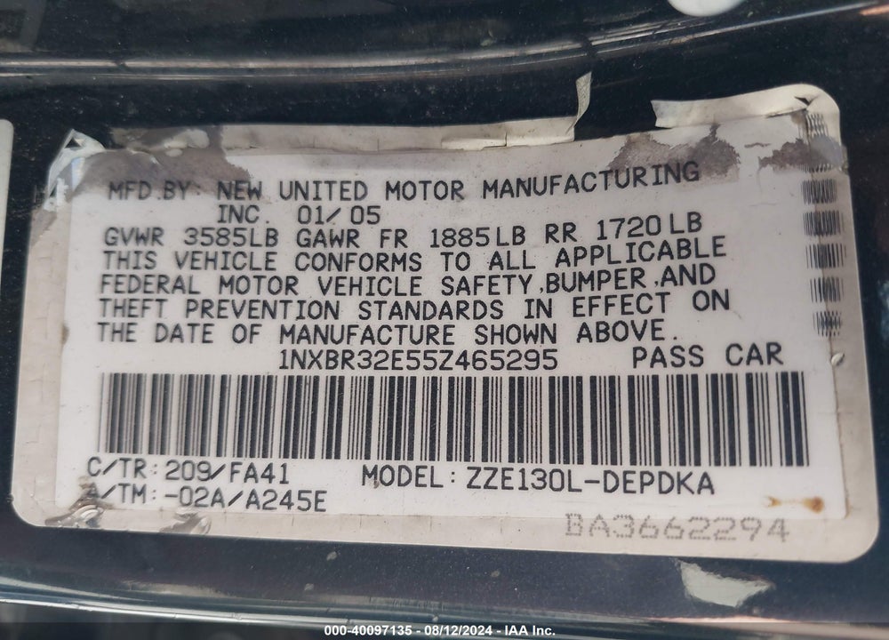 2005 TOYOTA COROLLA CE VIN: 1NXBR32E55Z465295