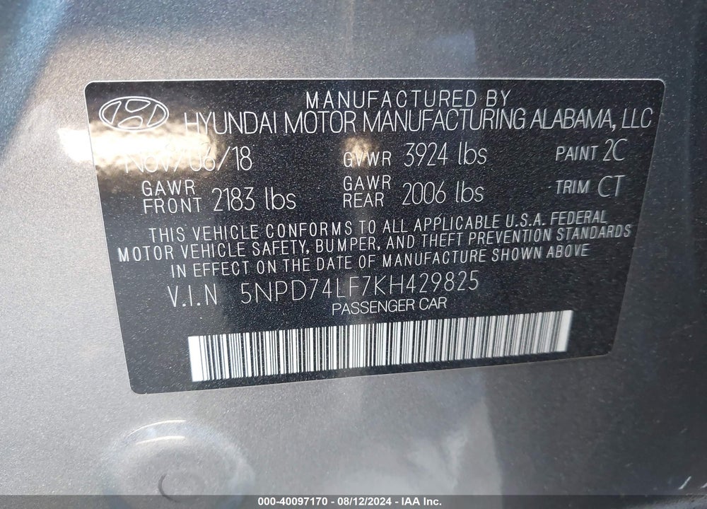 2019 HYUNDAI ELANTRA SE VIN: 5NPD74LF7KH429825