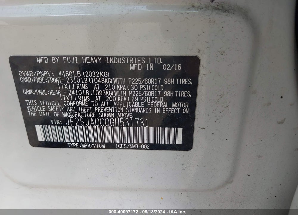 2016 SUBARU FORESTER 2.5I PREMIUM VIN: JF2SJADC0GH531731
