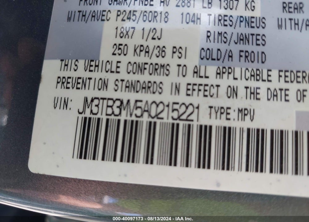 2010 MAZDA CX-9 SPORT VIN: JM3TB3MV5A0215221