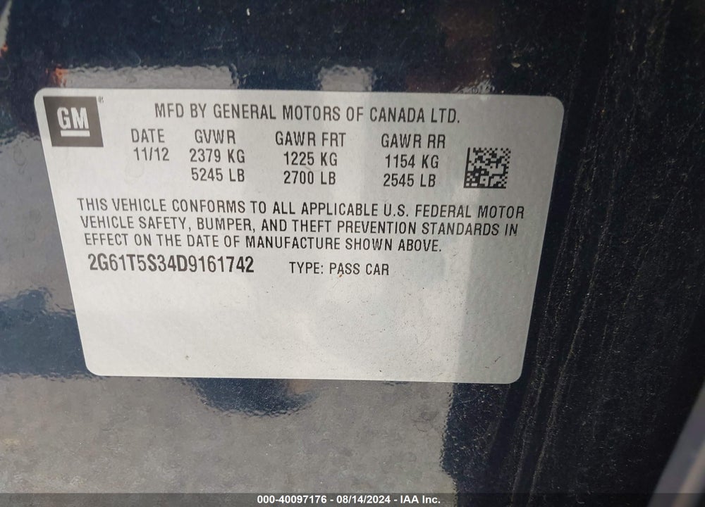 2013 CADILLAC XTS PREMIUM VIN: 2G61T5S34D9161742