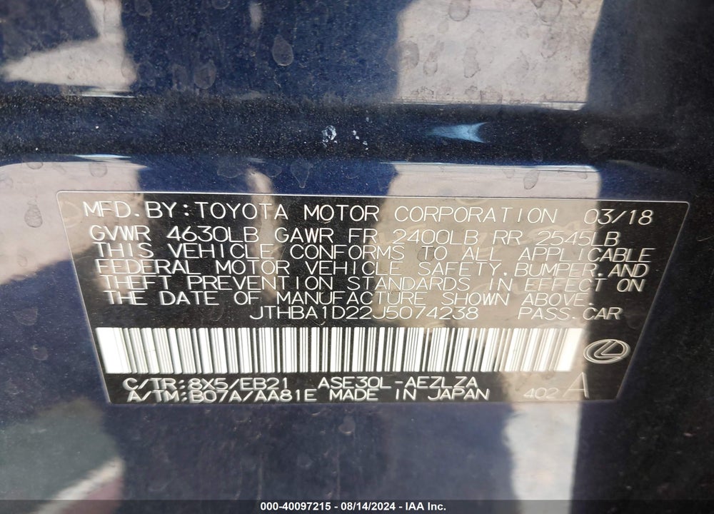 2018 LEXUS IS 300 VIN: JTHBA1D22J5074238
