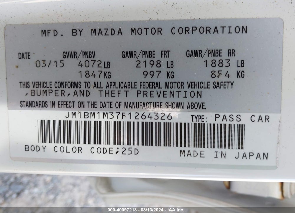 2015 MAZDA 3 GRAND TOURING VIN: JM1BM1M37F1264326