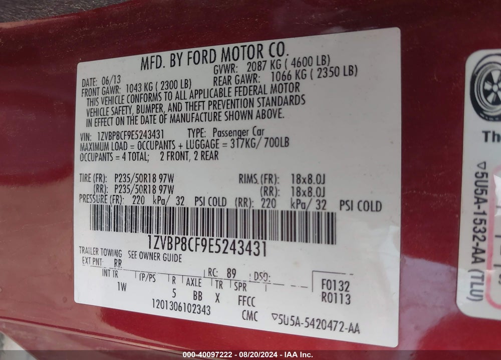 2014 FORD MUSTANG GT VIN: 1ZVBP8CF9E5243431