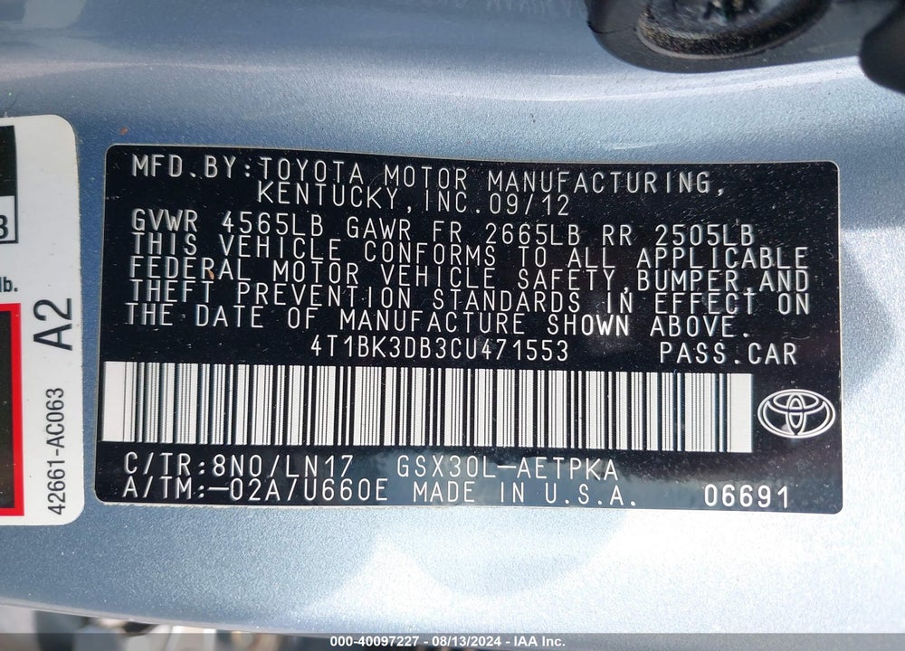 2012 TOYOTA AVALON LIMITED VIN: 4T1BK3DB3CU471553