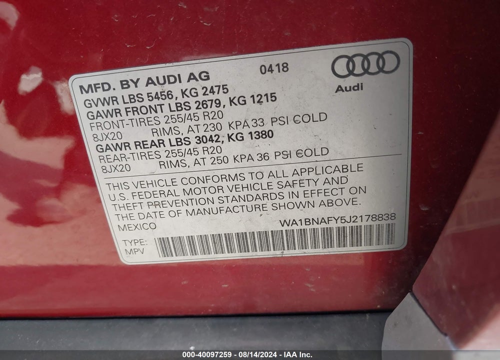 2018 AUDI Q5 2.0T PREMIUM/2.0T TECH PREMIUM VIN: WA1BNAFY5J2178838
