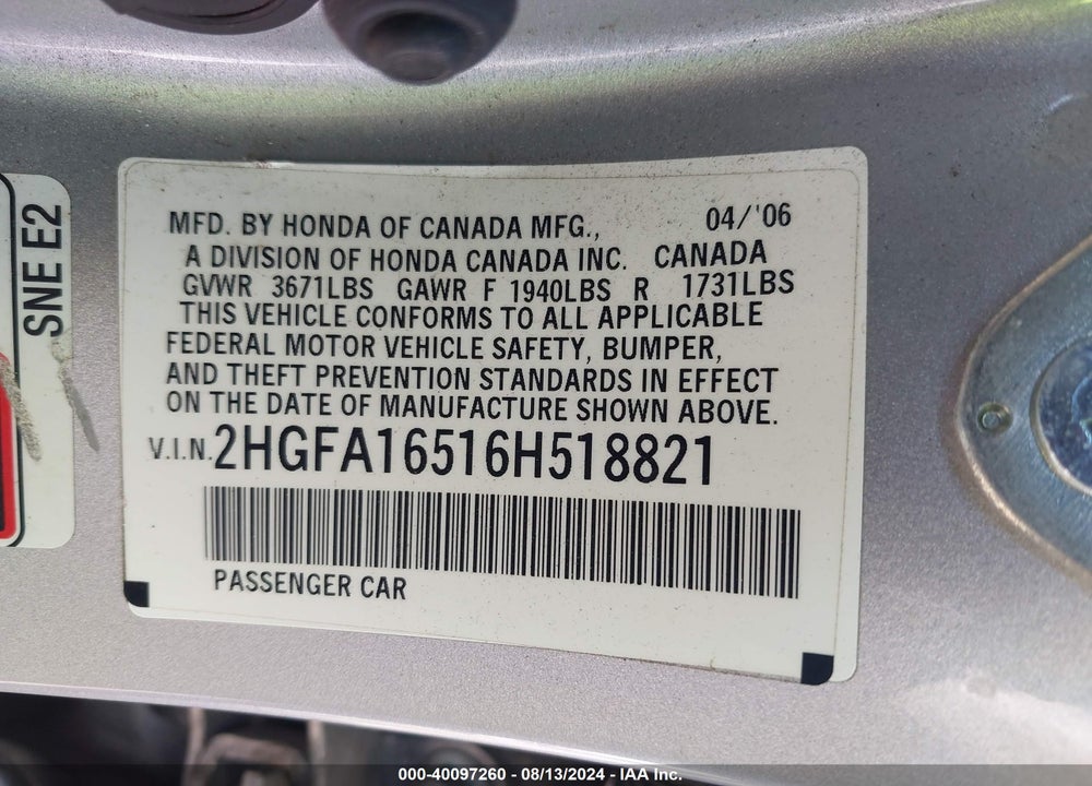 2006 HONDA CIVIC VIN: 2HGFA16516H518821