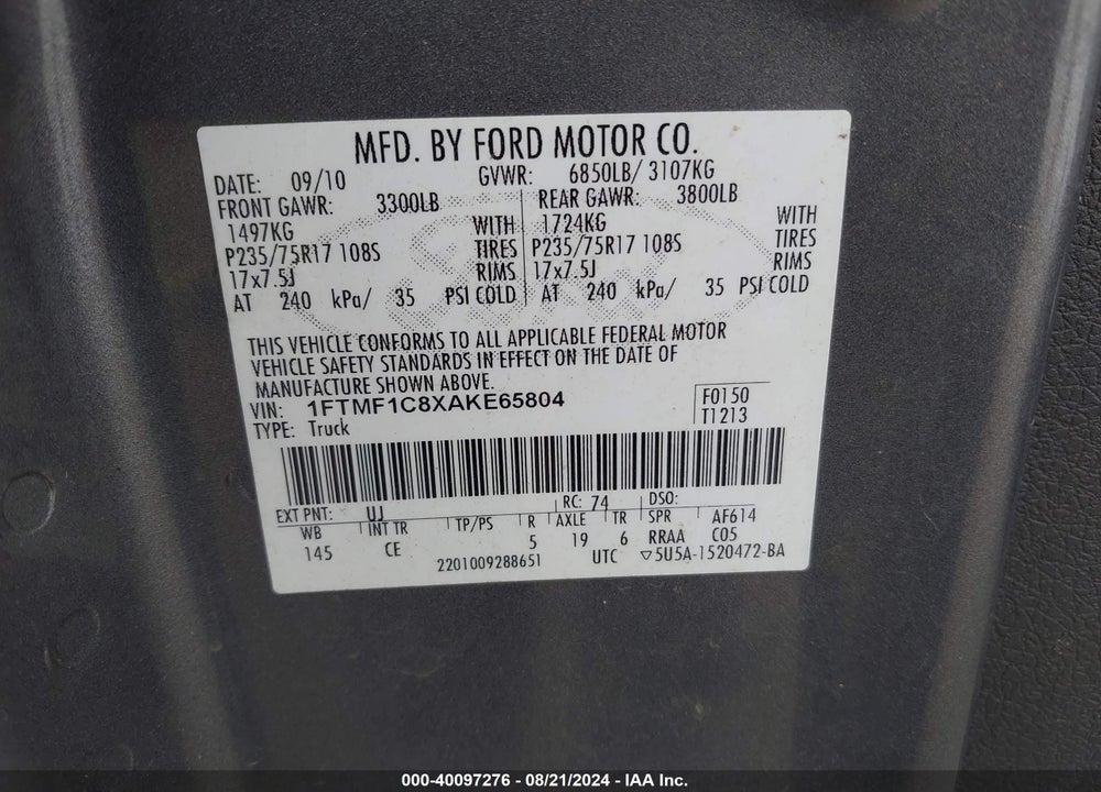 2010 FORD F-150 XL/XLT VIN: 1FTMF1C8XAKE65804