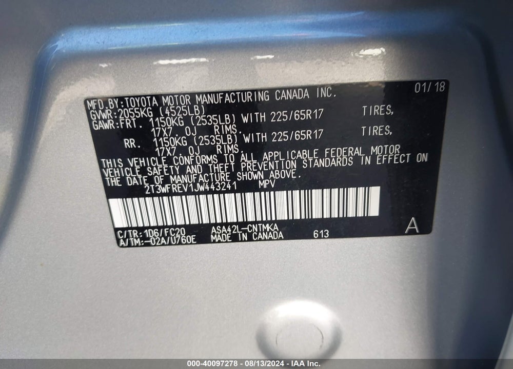 2018 TOYOTA RAV4 XLE VIN: 2T3WFREV1JW443241